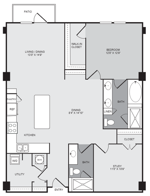 Floor plan for 1 bed, 2 baths, 1503 sqft